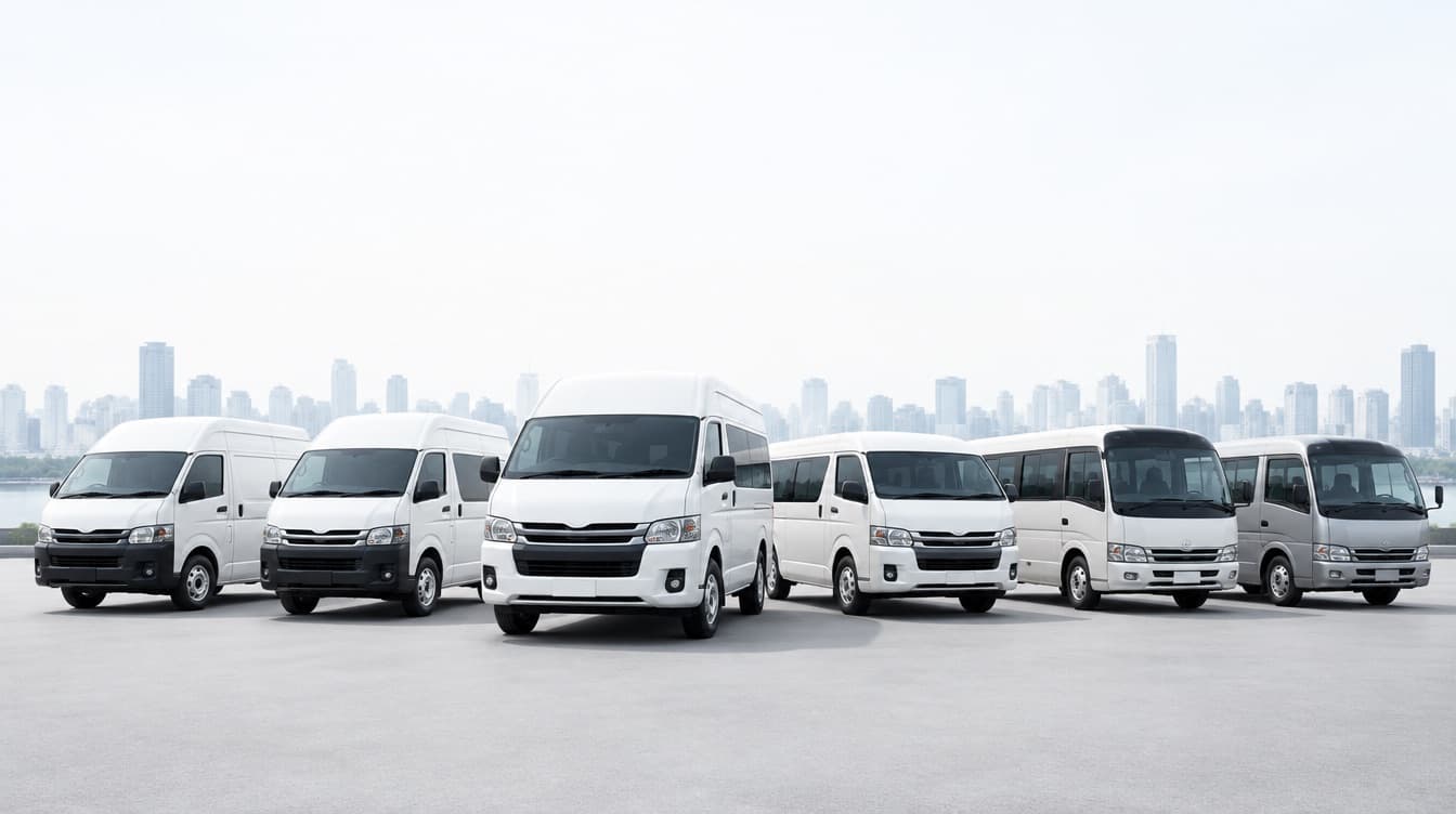 Illustration of a lineup of Japanese vans